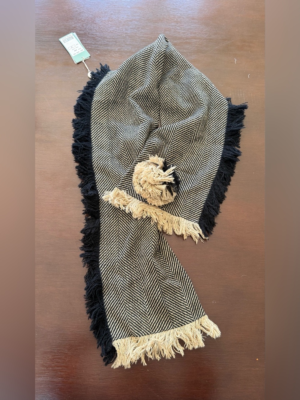 Wool Fringed Chevron Knit Scarf in Black and Cream